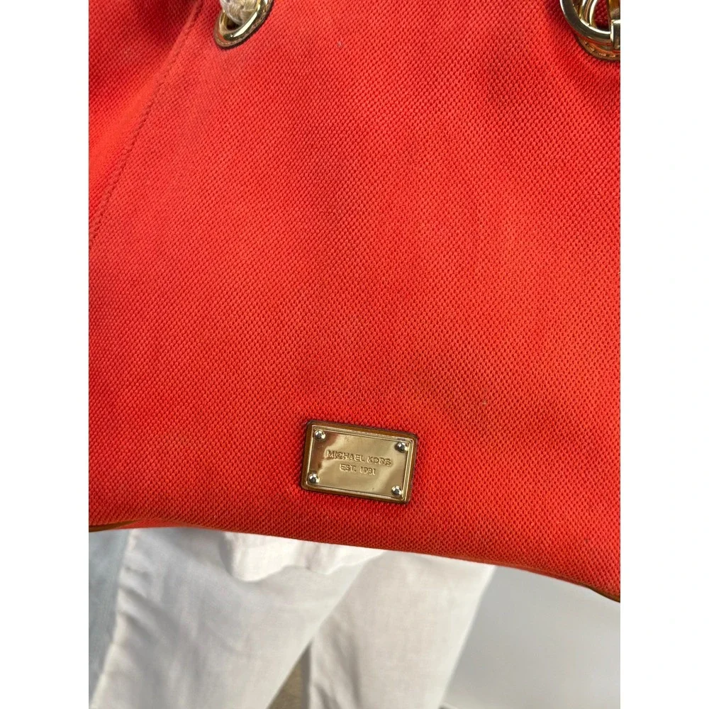 Michael Kors Marina Orange Canvas Rope Handle Tote Nautical Gold Hardware